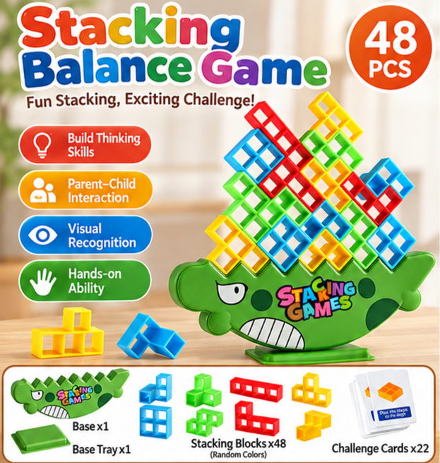 Dinosaur Balance Stacking Blocks Game – Kids Jenga Building Toy with Challenge Cards