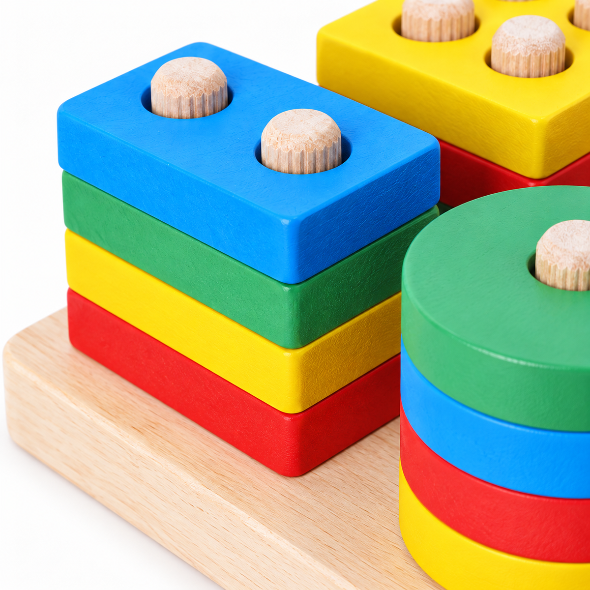 Wooden Geometric Shape Sorting & Stacking Peg Board - Four sets of regular color squares