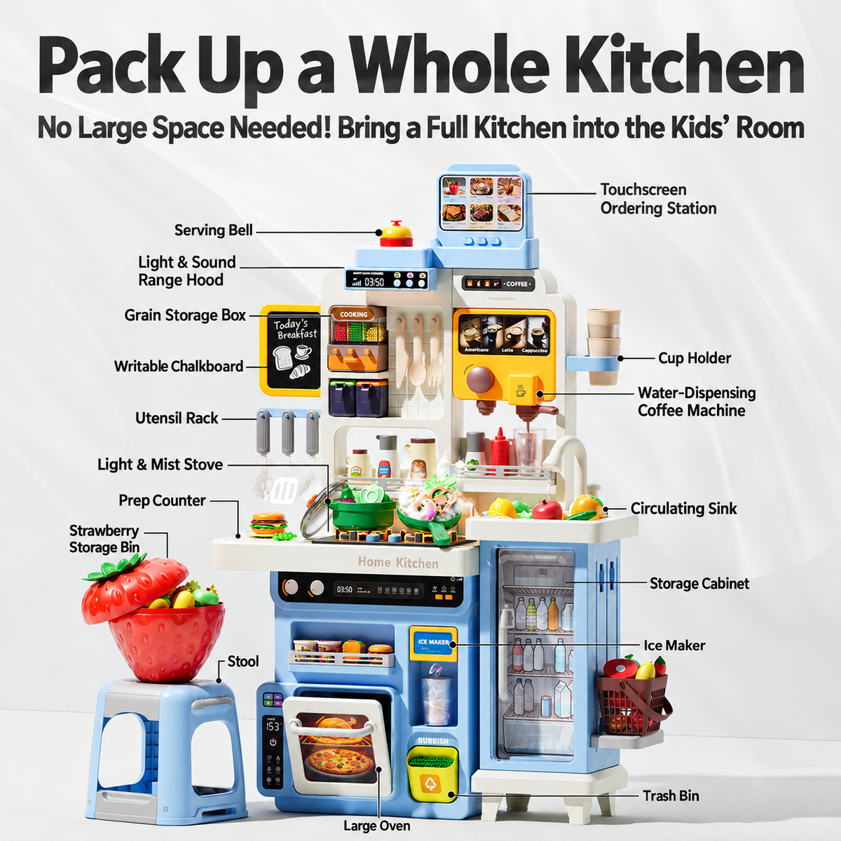 Kids Multi-Function Pretend Play Kitchen Set with Sink, Oven & Accessories