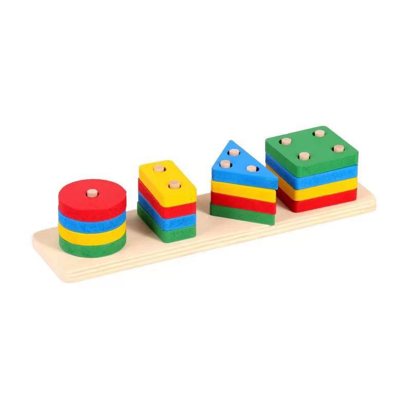 Wooden Geometric Shape Stacking & Sorting Peg Board-Four sets of regular colors