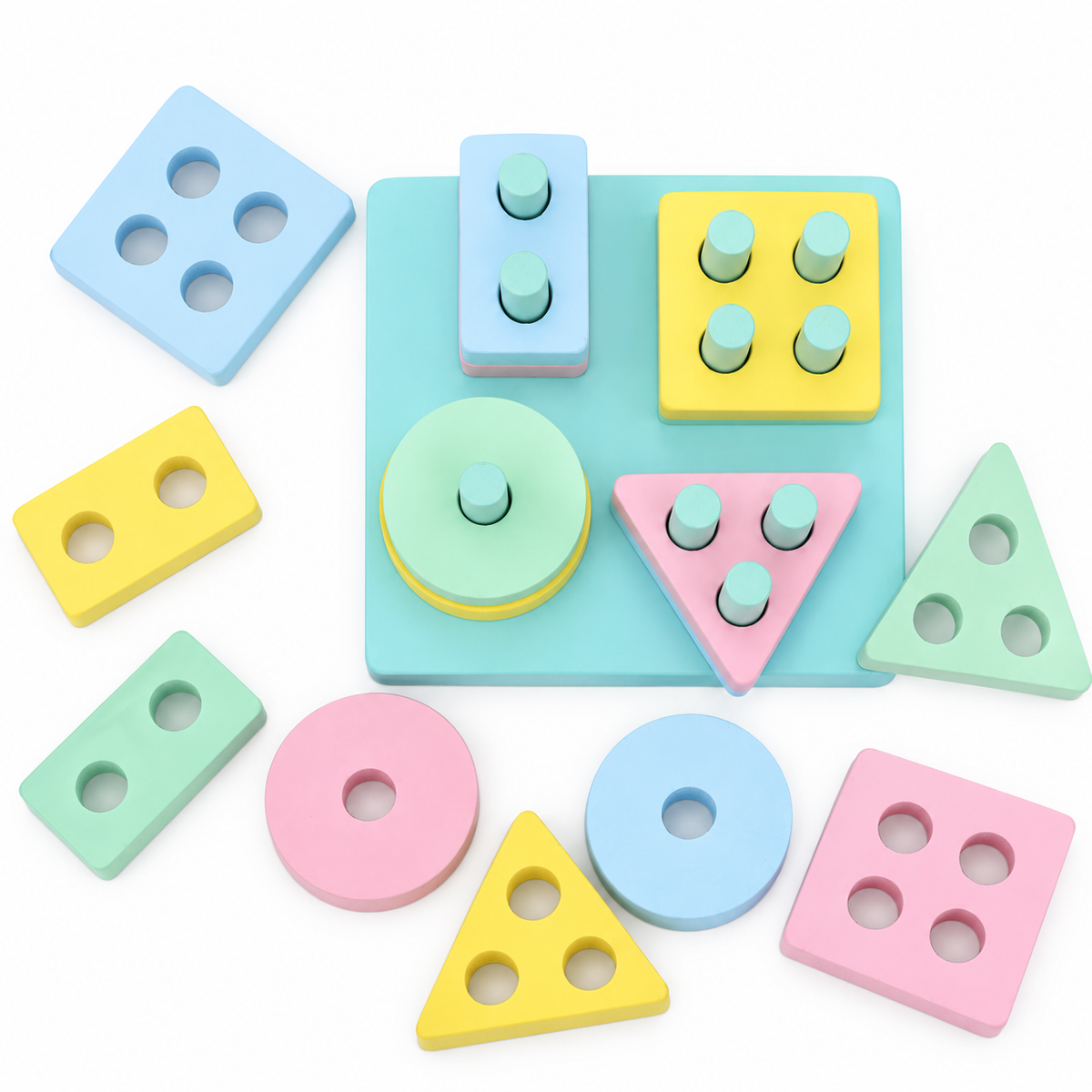 Pastel Wooden Geometric Shape Sorting & Stacking Peg Board-Macaron color square four sets of columns
