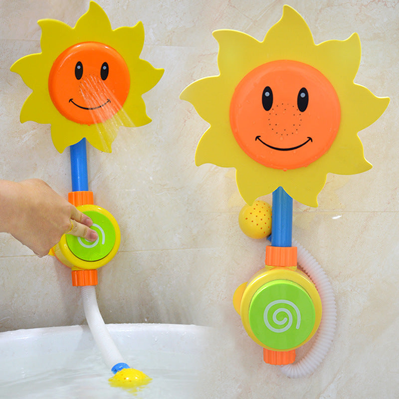 Colourful sunflower bath shower toy shown from two views