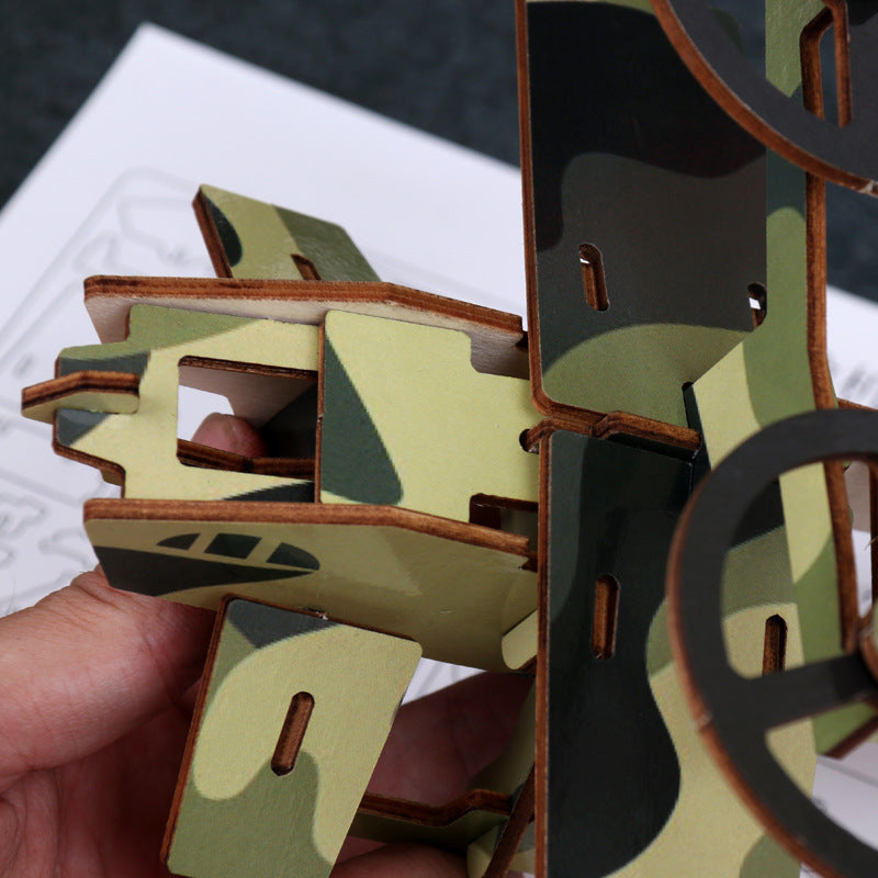 Close-up of wooden 3D aircraft puzzle slot construction