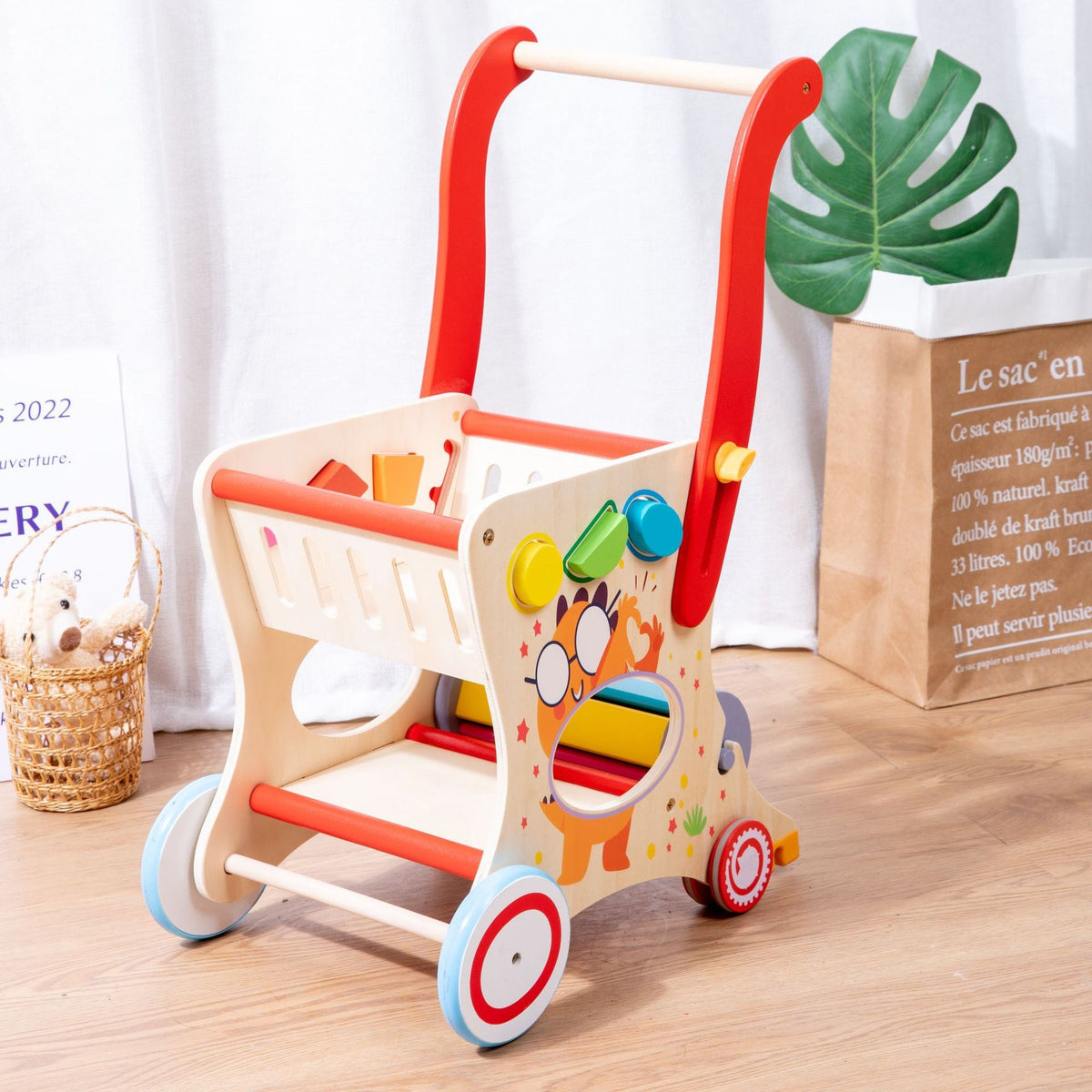 Wooden Toddler Shopping Cart & Push Walker Toy