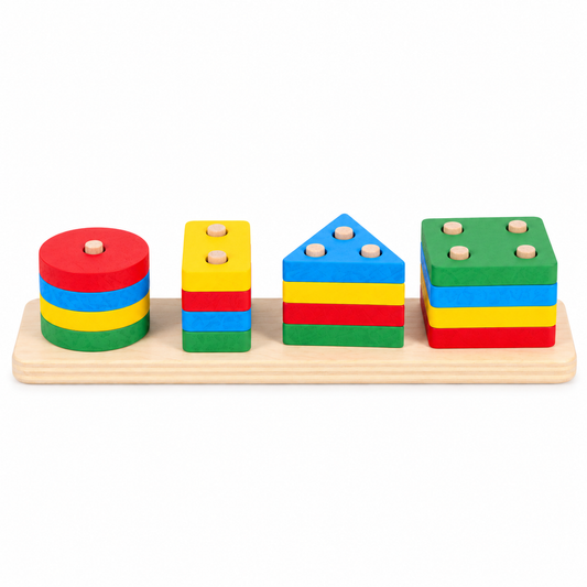 Wooden Geometric Shape Stacking & Sorting Peg Board-Four sets of regular colors