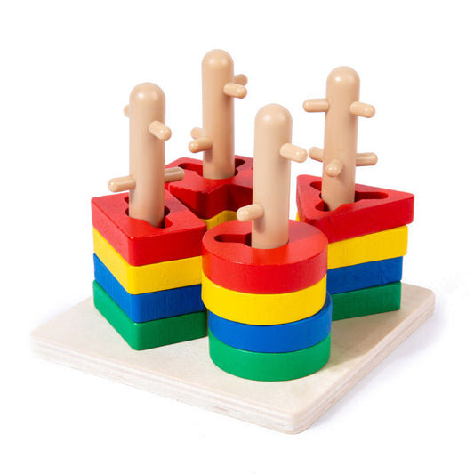 Wooden Four-Post Geometric Shape Sorting & Stacking Puzzle
