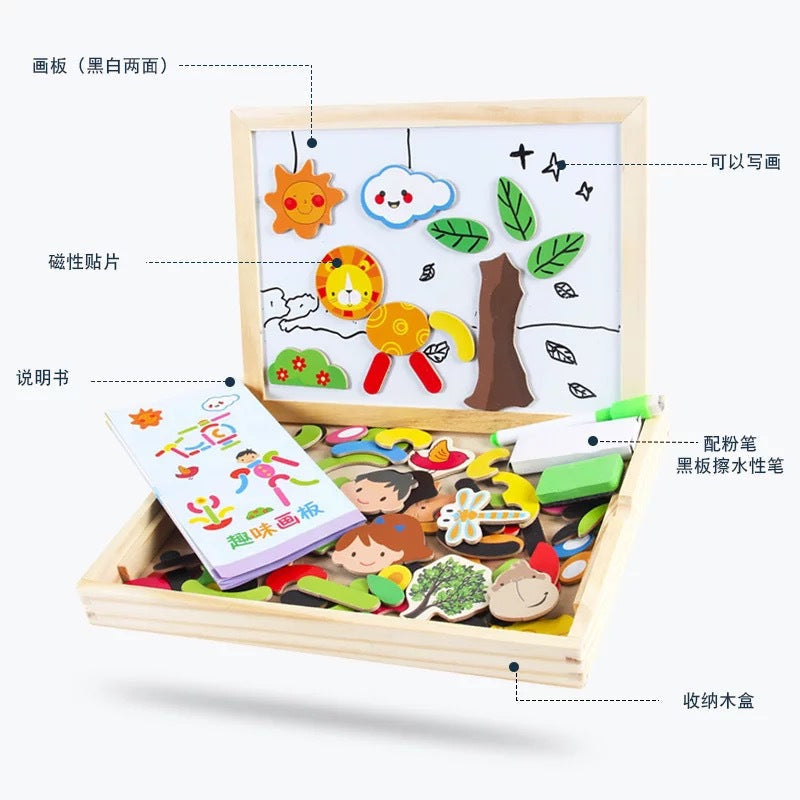 Wooden magnetic drawing board set with magnetic pieces and accessories