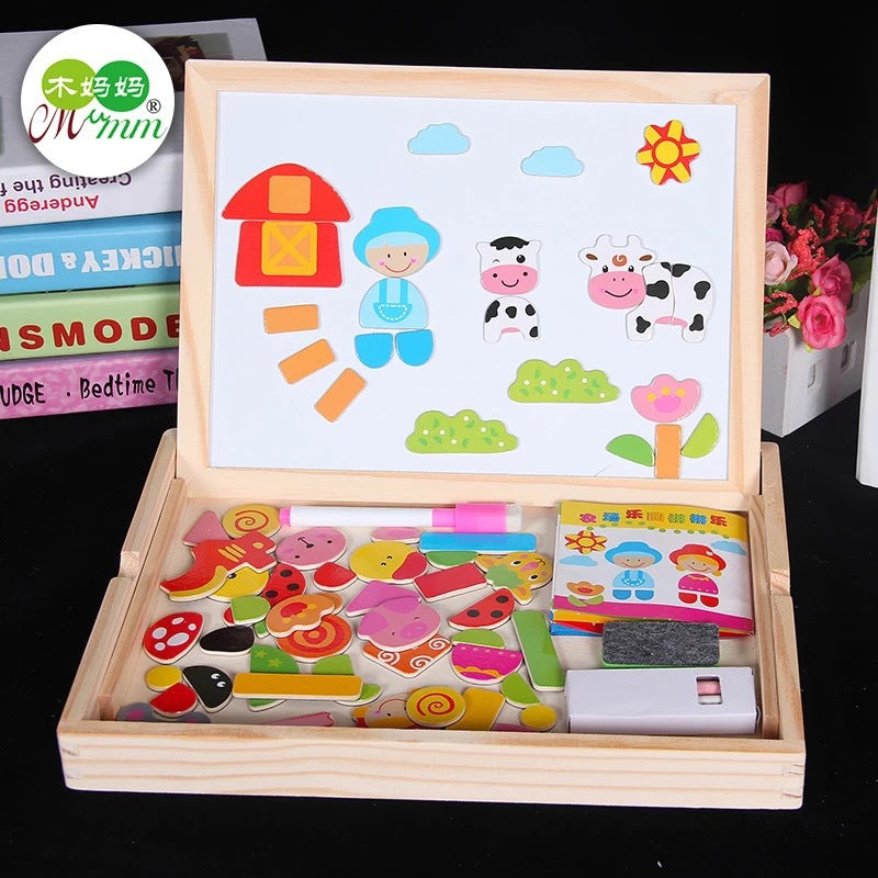 Wooden magnetic farm themed puzzle drawing board