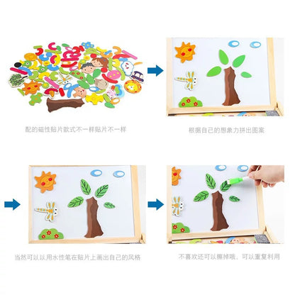 Magnetic puzzle pieces arranged on a reusable drawing board