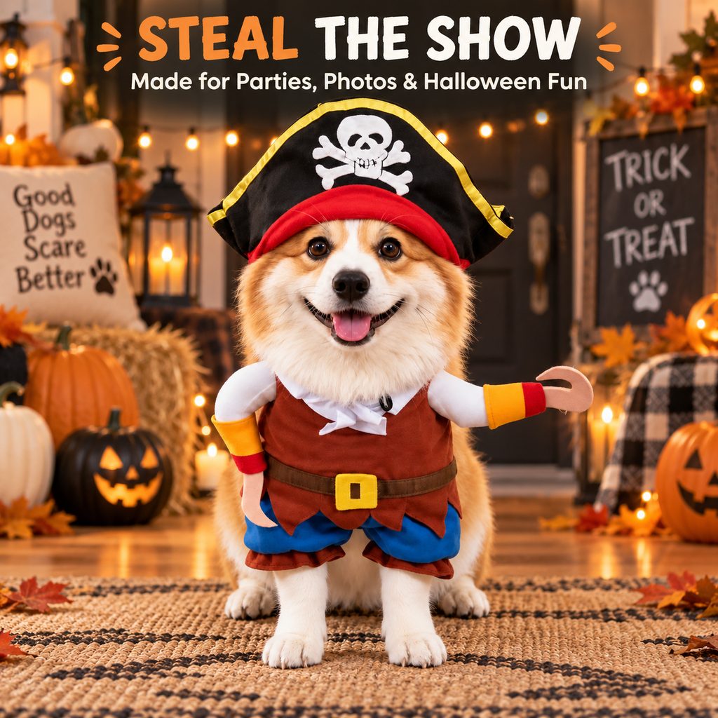 Funny Pirate Dog Costume with Hat & Hook Arms - Complete Halloween Party & Photo Outfit for an Instant 3D Pirate Look