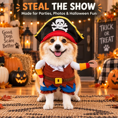Funny Pirate Dog Costume with Hat & Hook Arms - Complete Halloween Party & Photo Outfit for an Instant 3D Pirate Look