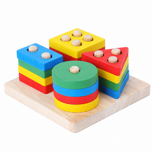 Wooden Geometric Shape Sorting & Stacking Peg Board - Four sets of regular color squares
