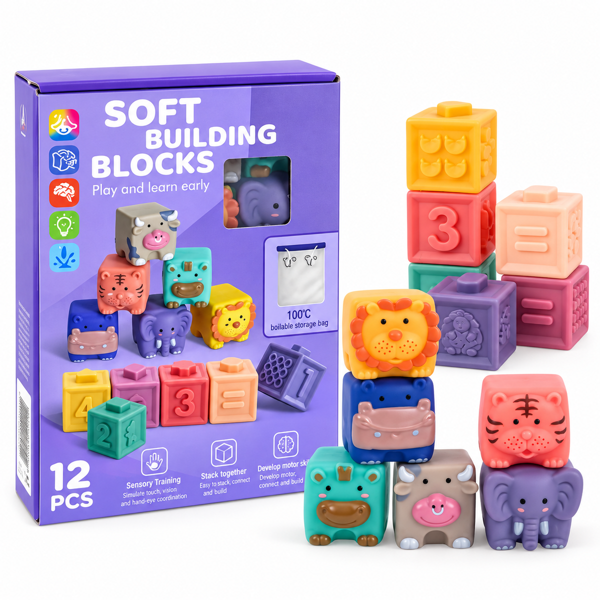 Interactive Soft Sensory Building Blocks Safari Friends Set