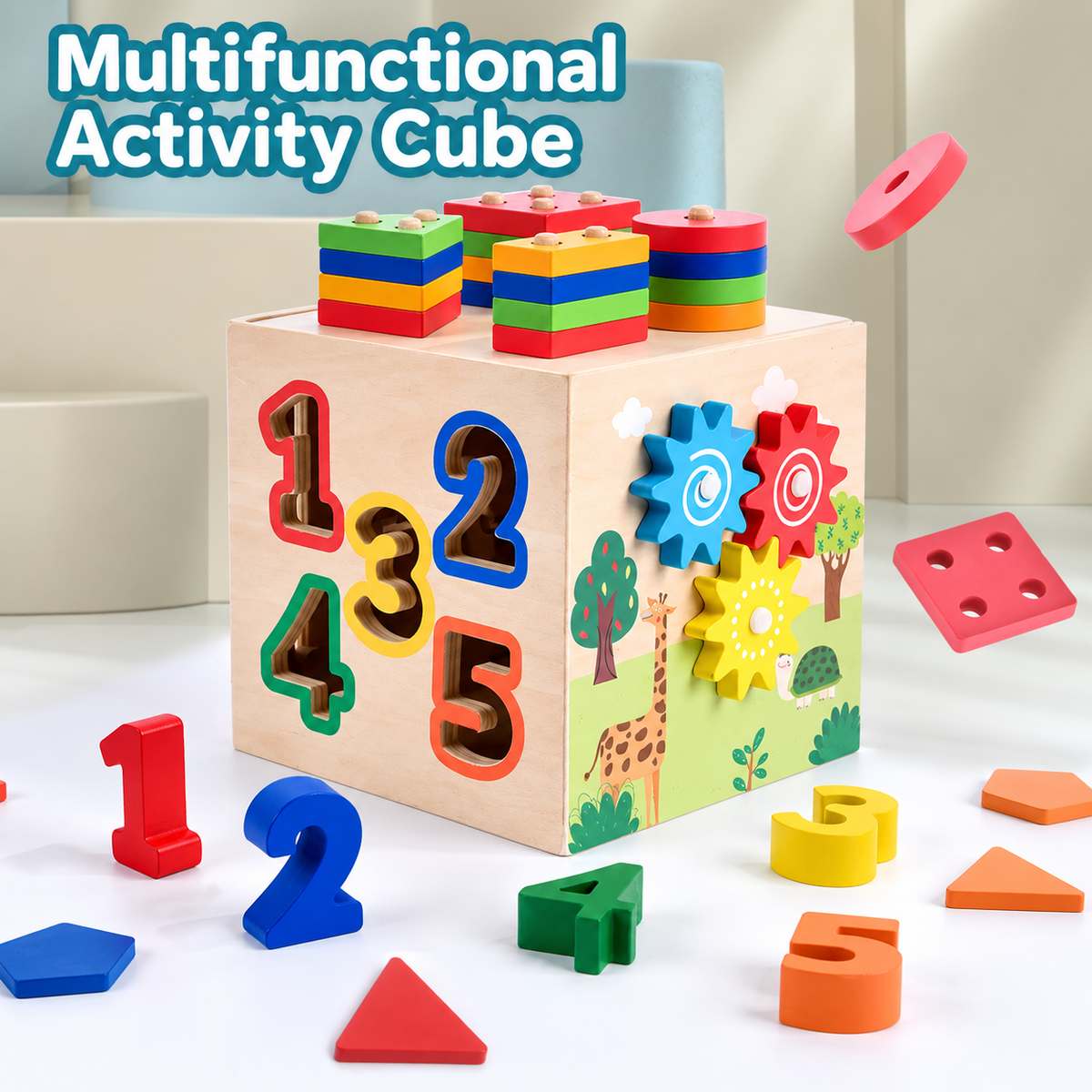 Wooden Multifunctional Shape Sorting Activity Cube