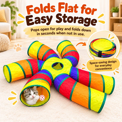 6-Way Foldable Cat Tunnel with Hanging Toy Ball for Indoor Play & Enrichment