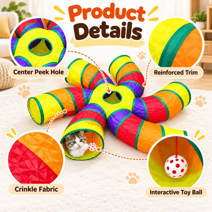 6-Way Foldable Cat Tunnel with Hanging Toy Ball for Indoor Play & Enrichment
