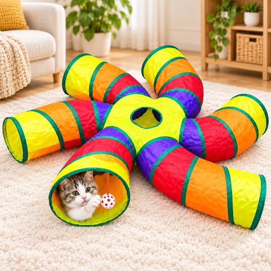 6-Way Foldable Cat Tunnel with Hanging Toy Ball for Indoor Play & Enrichment