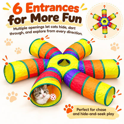 6-Way Foldable Cat Tunnel with Hanging Toy Ball for Indoor Play & Enrichment
