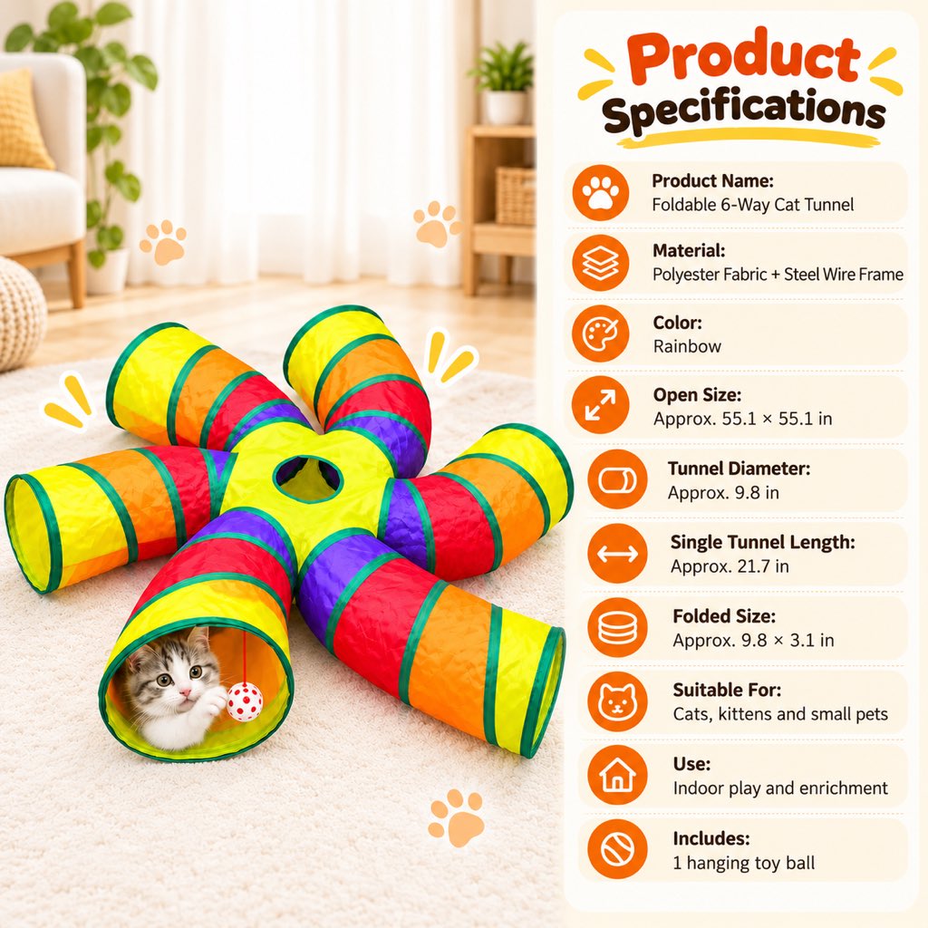 6-Way Foldable Cat Tunnel with Hanging Toy Ball for Indoor Play & Enrichment