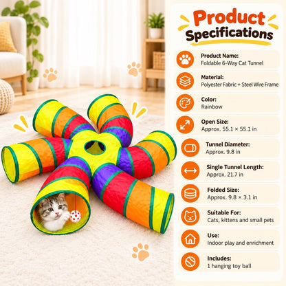 6-Way Foldable Cat Tunnel with Hanging Toy Ball for Indoor Play & Enrichment
