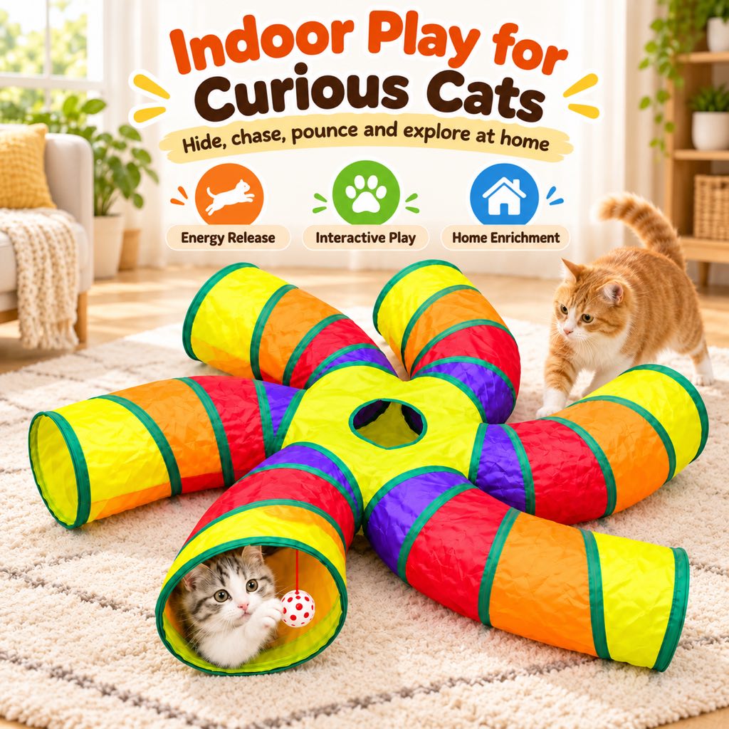 6-Way Foldable Cat Tunnel with Hanging Toy Ball for Indoor Play & Enrichment
