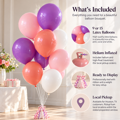 Lilac Latex Balloon Bouquet, 9 or 15 Balloons for Pickup