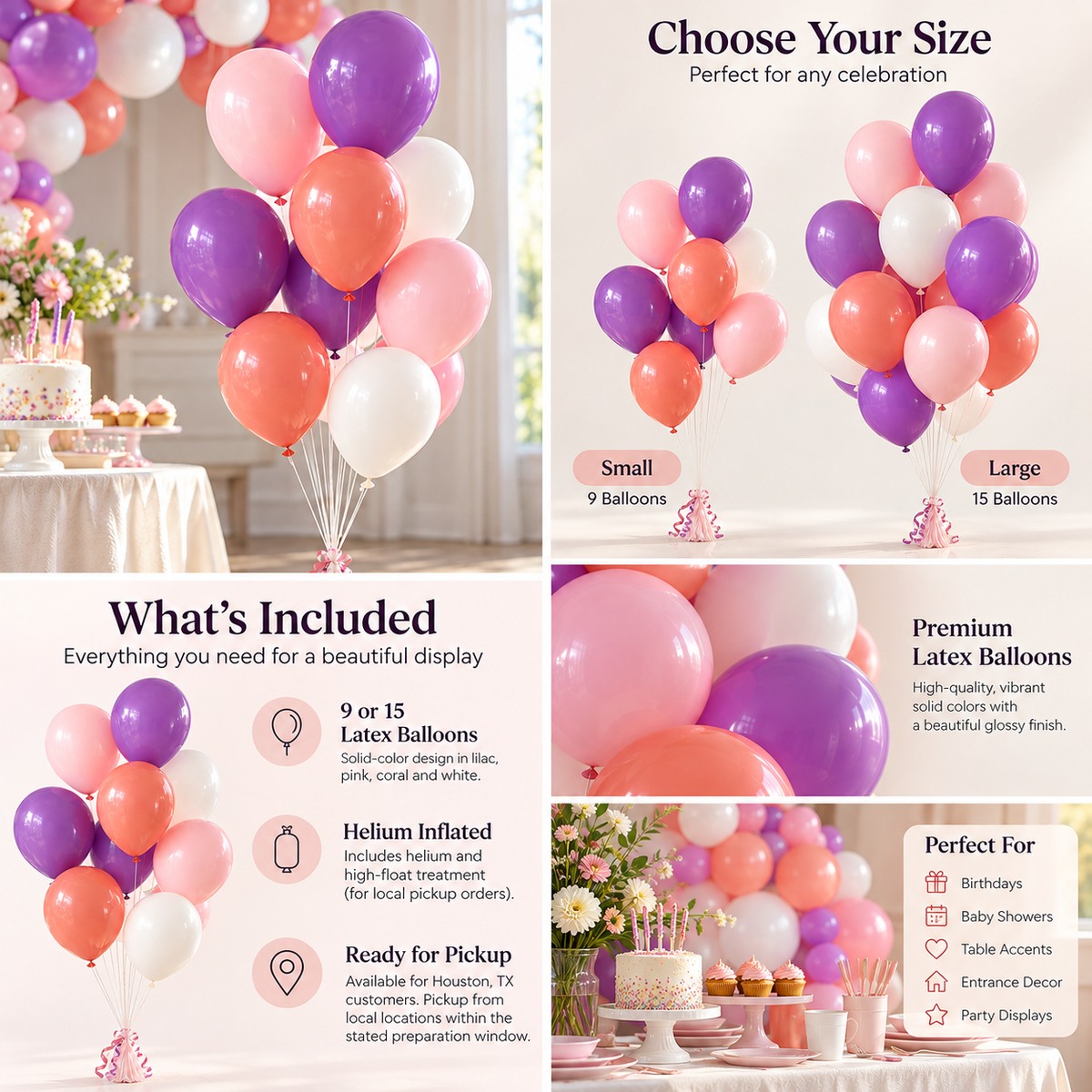 Lilac Latex Balloon Bouquet, 9 or 15 Balloons for Pickup
