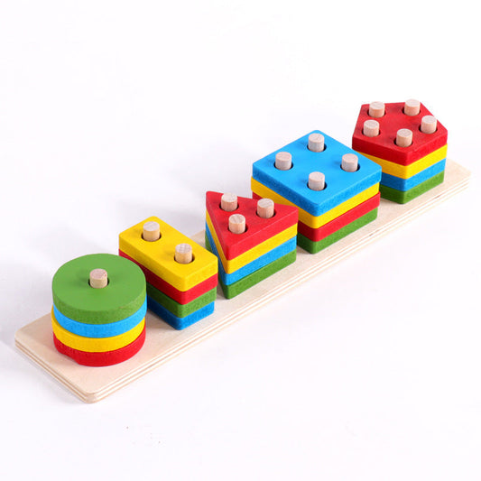 Wooden Five-Column Geometric Shape Stacking & Sorting Peg Board