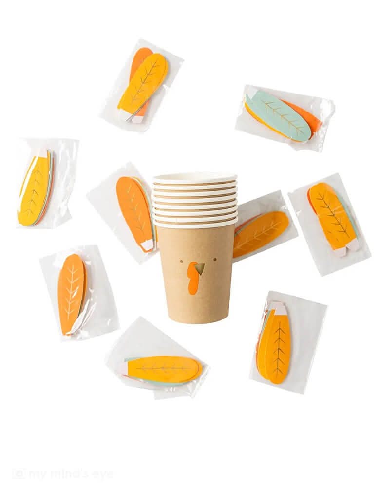 Thanksgiving Harvest Turkey Cups – 8 oz Paper Set of 8 with Feathers