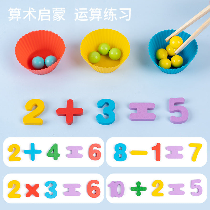 Wooden arithmetic symbols with coloured beads and sorting cups