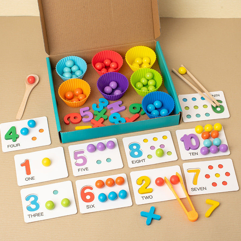 Open wooden number and bead matching activity set