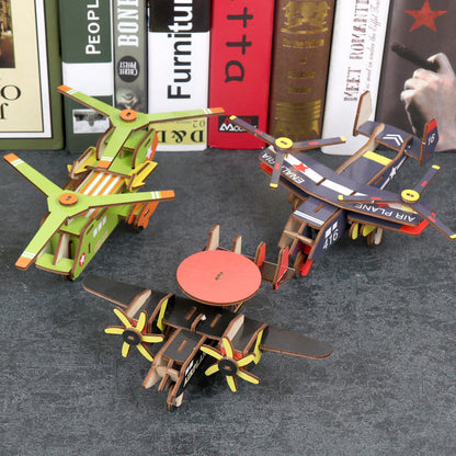 Wooden 3D aircraft puzzle models displayed together