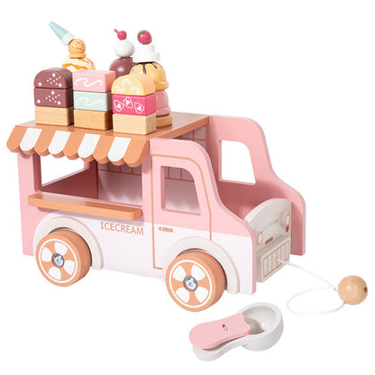 Wooden ice cream truck with colourful pretend dessert pieces