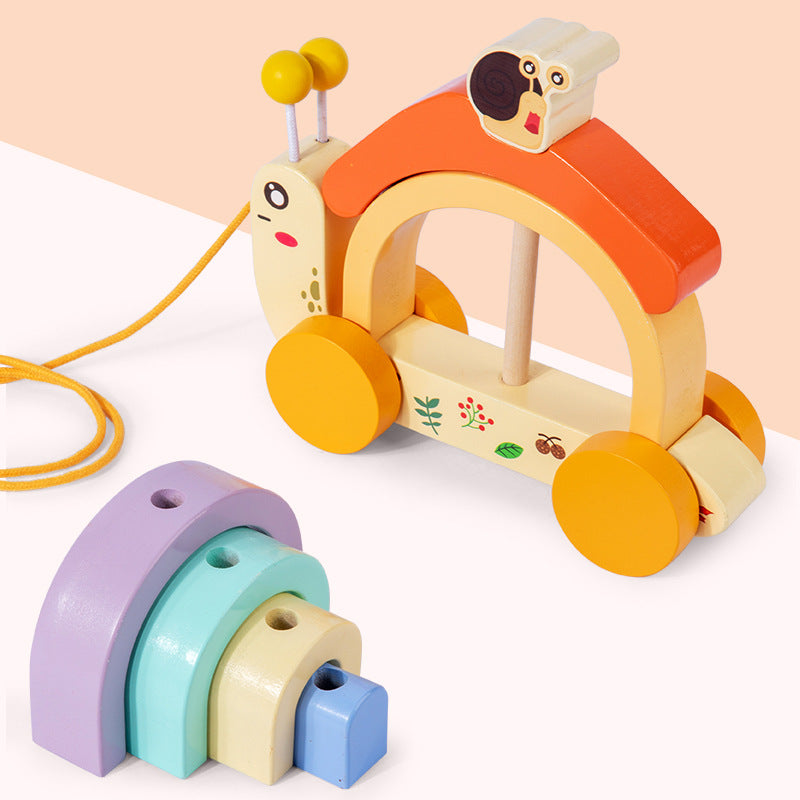 2-in-1 wooden snail rainbow stacking pull toy
