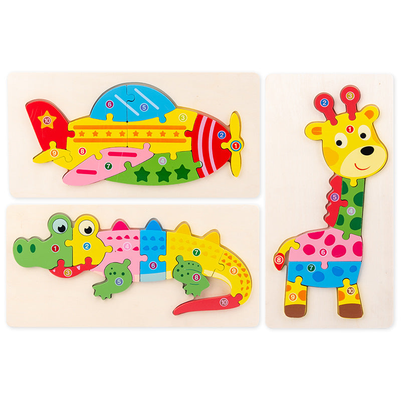 Wooden numbered puzzle collection with aircraft crocodile and giraffe