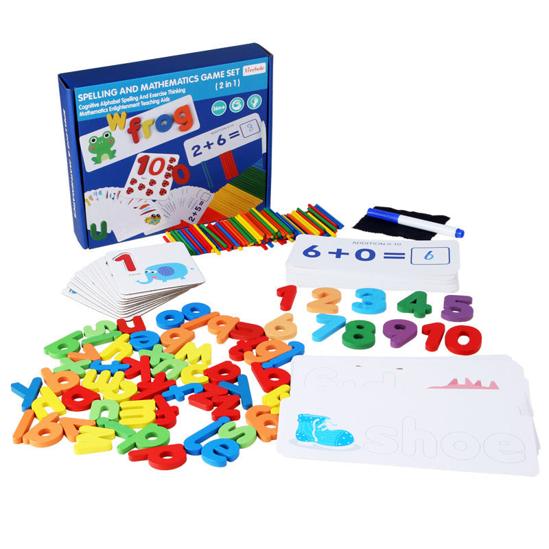 Wooden spelling and mathematics 2-in-1 educational game set