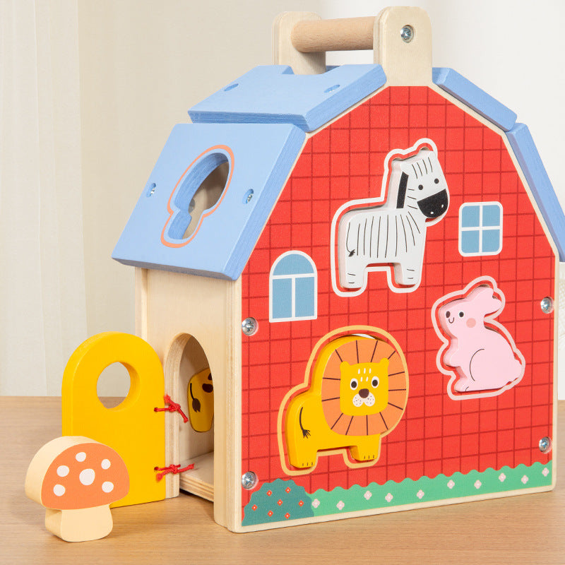 Wooden animal sorting house with zebra lion rabbit and matching shape pieces