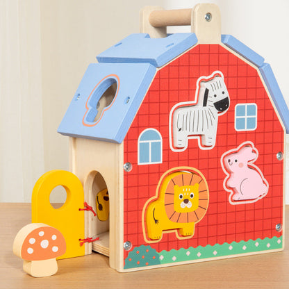 Wooden animal sorting house with zebra lion rabbit and matching shape pieces