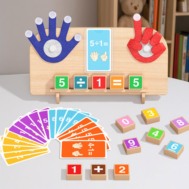 Wooden arithmetic learning set with colourful cards and number blocks