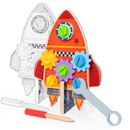 Orange rocket gear panel with toy wrench and screwdriver