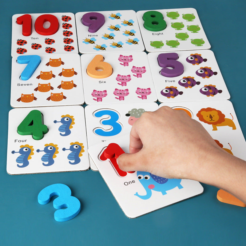 Wooden number matching cards with colourful number pieces