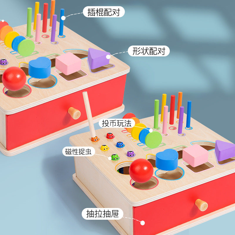 Wooden Montessori activity box showing multiple sorting and matching activities