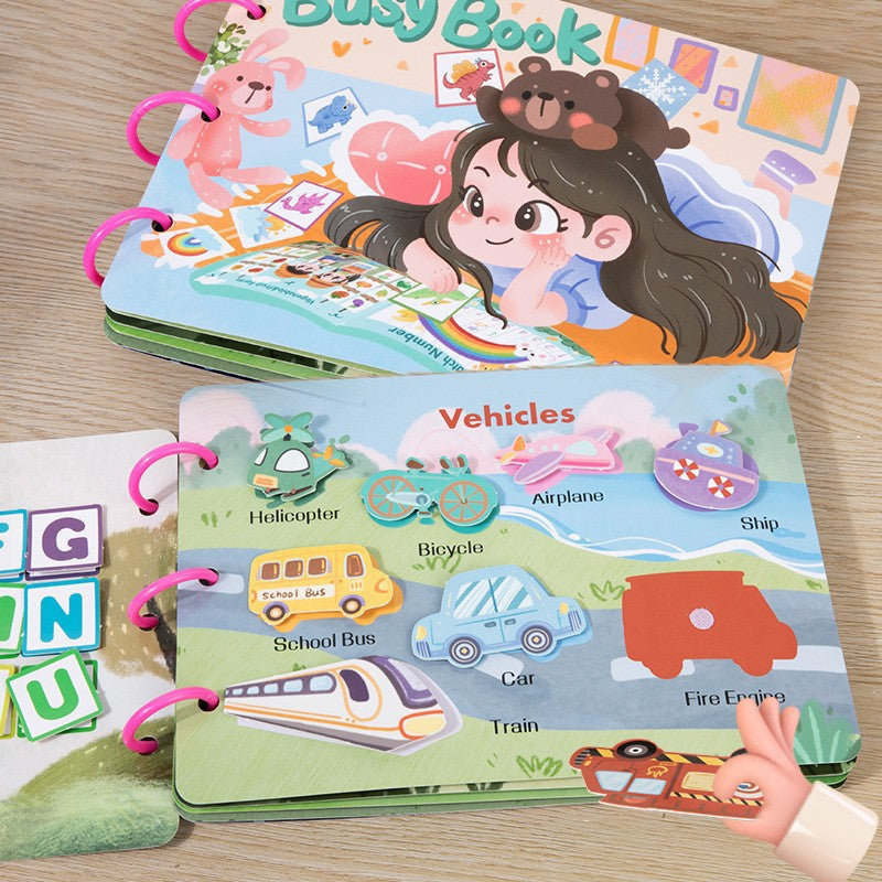 Inside busy book page showing vehicle matching activities