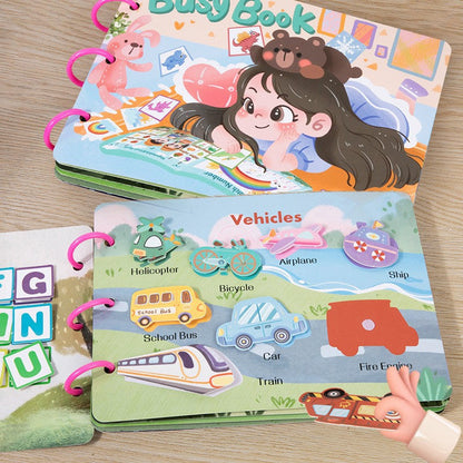 Inside busy book page showing vehicle matching activities