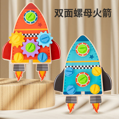 Double-sided wooden space rocket toy with colourful screw pieces