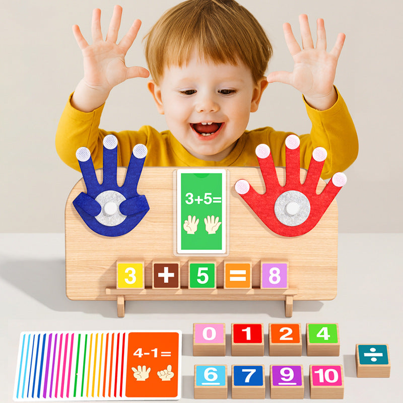Child practising addition with wooden finger maths board