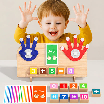 Child practising addition with wooden finger maths board