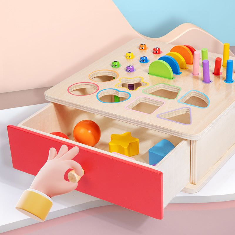 Wooden Montessori sorting and matching activity box with pull-out drawer