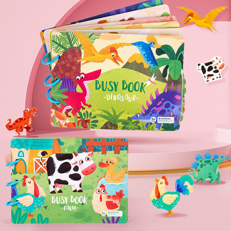 Dinosaur and farm busy books displayed together
