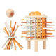 Wooden stick drop tower balance game with coloured sticks and wooden balls